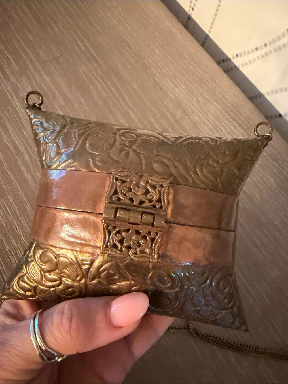 Vintage 1930s Art Deco embossed brass & copper pillow purse